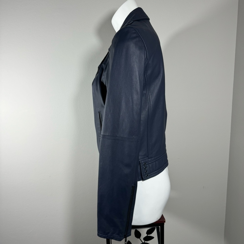 JOIE Caldine Moto Jacket Navy Blue Leather Zip Up Collared Women’s Size Medium - Picture 6 of 16